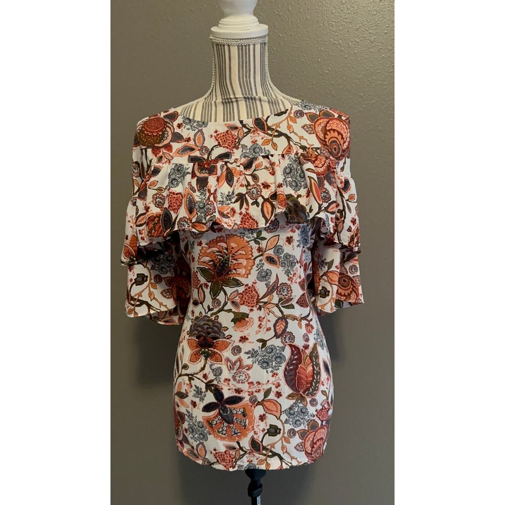 LOFT Floral Ruffle Blouse XL Boho Mixed Fabric Chiffon Front Flowy Top